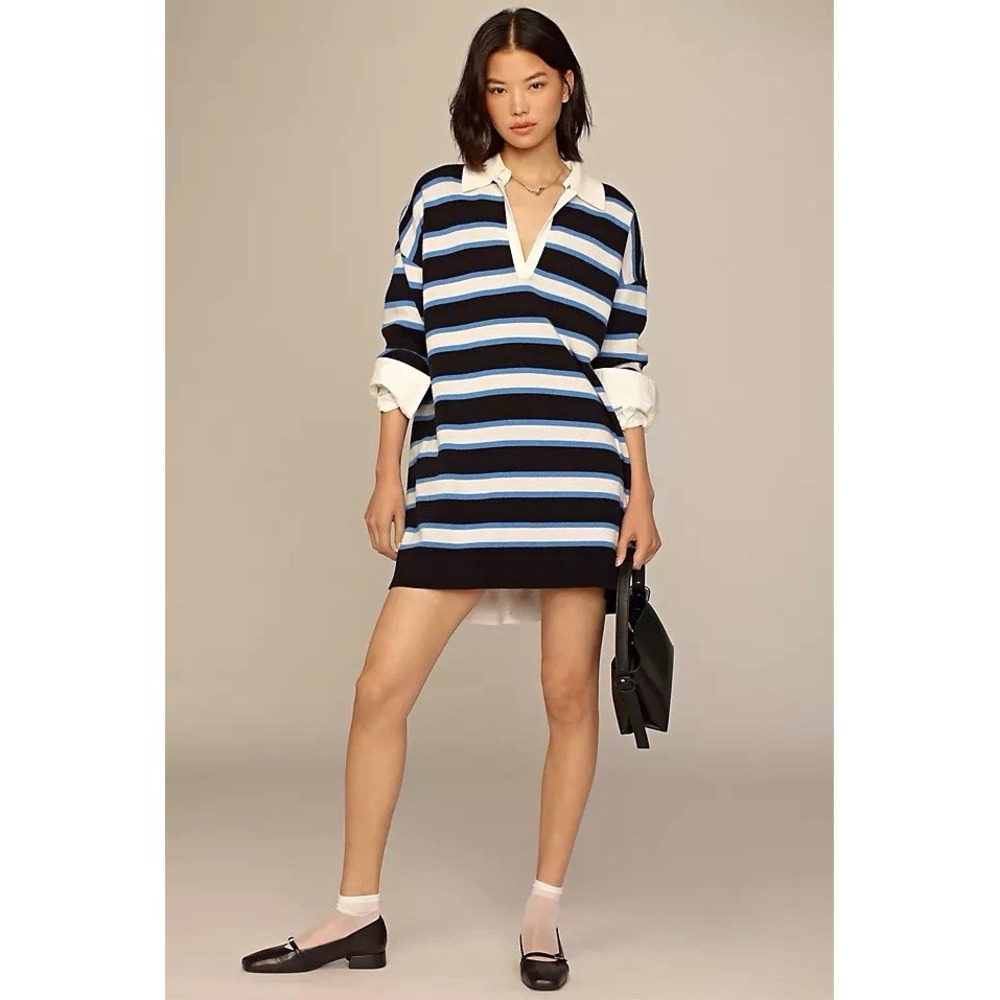 Anthropologie Maeve Color Block Mini Sweater Dress Blue Black Striped Collared
